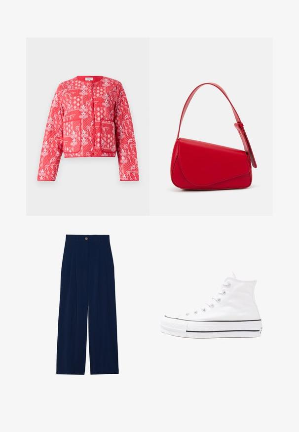 Sarkans izšūts jaku ar baltām paisley un ziedu apdrukām. Tam ir apaļa apkakle, divas priekšējās kabatas un rāvējslēdzēja aizdares.; Ziedu blūze ar garām pūkām, gaiši krēmveida pamatne, ar purpursarkanām, oranžām un zaļām ziedu rakstiem, kā arī klasisko apkakles dizainu.; Tumši zili brīvie bikses, izgatavotas no mīksta materiāla, ar priekšējiem krokām, pogu aizdari un divām sānu kabatām.; Balti augstie kanvas sporta apavi ar melnu gumijas zoli, priekšējo gumijas purngalu un sešām acīm lencēm, kuriem ir tīrs, minimālistisks dizains.; Sarkans ādas rokassomi ar stūrainu, ģeometrisku dizainu. Iekļauj vienu regulējamu siksnu un vāku ar izšūtu detaļu.