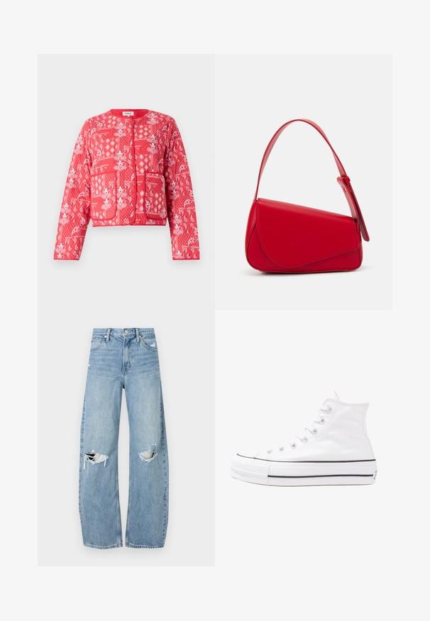 Giacca trapuntata rossa con modelli paisley e floreali bianchi. Presenta un collo rotondo, due tasche frontali e una chiusura conzip.; T-shirt nera oversize con una grafica di un orso e la scritta "NON CARINA MA SELVAGGIA" in grassetto, lettere bianche. Materiale in cotone.; Jeans azzurri chiari a vita alta realizzati in denim. Presentano gambe larghe, due aree strappate sulle ginocchia e il classico styling a cinque tasche.; Sneaker alta in tela bianca con suola in gomma nera, punta in gomma frontale e sei asole per i lacci, caratterizzata da un design pulito e minimalista.; Borsa a tracolla in pelle rossa con un design angolare e geometrico. Presenta una singola tracolla regolabile e una chiusura a patta con dettagli cuciti.