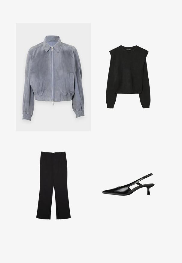 Blaue Wildleder-Cropjacke mit Hemdkragen, vorderem Reißverschluss, elastischem Saum und gerippten Bündchen; minimalistisches Design ohne sichtbare Muster.; Schwarzer, langärmeliger, gestrickter Pullover mit gepolsterten Schultern sowie gerippten Bündchen und Saum, dargestellt vor einem weißen Hintergrund.; Schwarze Hose mit geradem Schnitt, ausgestattet mit Fronttaschen und Seitenschlitzen am Saum. Hergestellt aus weichem, glattem Stoff. Geeignet für verschiedene Anlässe.; Schwarze Lackleder-Slingback-High Heels mit spitzer Zehenform, ausgeschnittenem Seitendesign und kleinem Blockabsatz. Glatte Textur mit minimalen Akzenten.