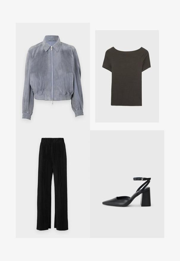 Modra usnjena kratka jakna s ovratnikom srajce, sprednjim zadrgo, elastičnim robom in rebrastimi manšetami; minimalističen dizajn brez vidnih vzorcev.; Temno siva kratka majica s čolnasto izrezom. Narejena iz rebraste tkanine, ki ima sproščen kroj in čist rob. Preprost dizajn, brez vzorcev.; Črne plisirane hlače z elastičnim pasom. Imajo široke noge in gladko, teksturirano tkanino z navpičnimi črtami.; Črne usnjene klasične čevlje z ostrim nosom, z zaponko za gleženj in debelim peto. Ravna tekstura, eleganten dizajn in minimalistična estetika.