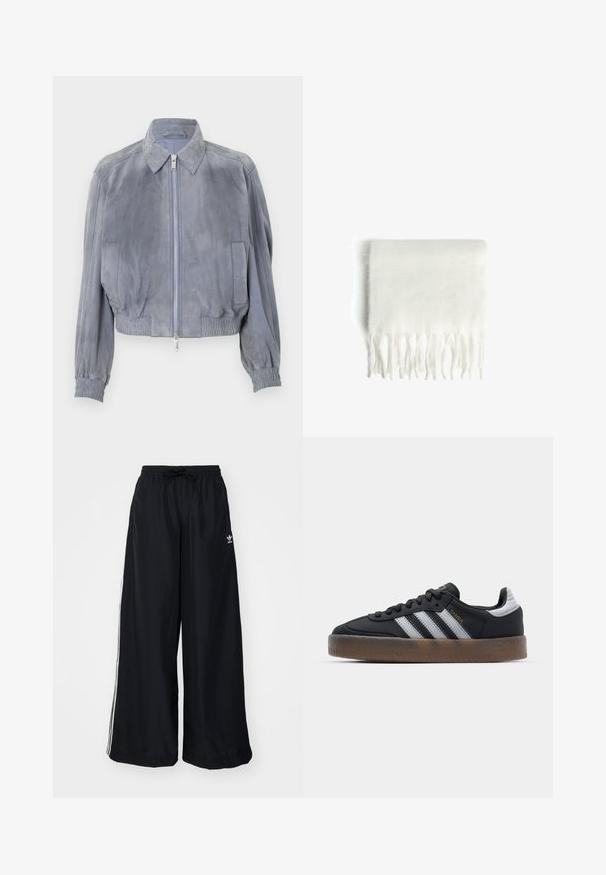 Kék velúr rövid dzseki, inggallérral, elől cipzárral záródik, rugalmas derékpánttal és bordázott mandzsettával; minimalista dizájn, látható minták nélkül.; Tengerészkék, hosszú ujjú felső, hajónyakú és oldalán ráncolt részletekkel, fehér háttéren elterítve.; Fekete, bő szabású nadrág, könnyű anyagból készült. Rugalmas derékkal, zsinórral és fehér oldalcsíkokkal rendelkezik. Márkalogó a csípőn.; Fekete sportcipő, amelynek letisztult dizájnja van, három fehér csíkkal, fekete nyelvvel és textúrázott barna gumitalppal. Arany betűs díszítések.; Fehér fóliás sál frufrus szélekkel, puha textúrával és téglalap alakú. Rétegezésre és melegség biztosítására alkalmas.