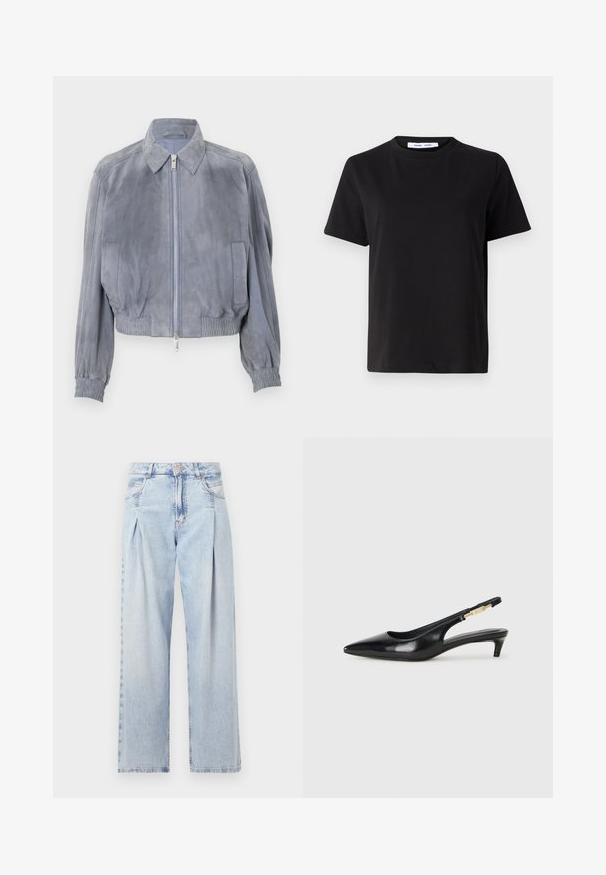 Veste cropped en daim bleu avec col chemise, fermeture zippée sur le devant, ourlet élastiqué et poignets côtelés ; design minimaliste sans motifs visibles.; T-shirt noir à manches courtes en coton doux, avec un col rond, une coupe décontractée et une texture lisse. Pas de motifs ni de graphiques visibles.; Jeans en denim bleu clair avec taille haute, coupe large, deux poches latérales et design plissé. Texture douce avec une finition décolorée.; Talons hauts en cuir noir avec un bout pointu, dotés d'un talon fin et d'un accent en ton or sur la lanière réglable. Texture lisse.