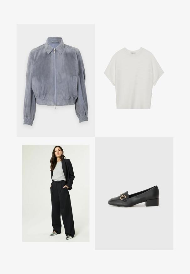 Modrá semišová cropped bunda s límečkem, předním zipovým zapínáním, elastickým lemem a vroubkovanými manžetami; minimalistický design bez viditelných vzorů.; Bílý krátký rukáv tričko s širokým kulatým výstřihem a texturovaným žebrovaným vzorem, vyrobené z měkké látky, s uvolněným střihem a čistým designem.; Černý sak s přiléhavým střihem přes šedé triko, doplněný širokými černými kalhotami s vysokým pasem a kovovými lodičkami s špičatou špičkou.; Černé kožené loferské boty s plochým podpatkem, zdobené zlatým kovovým detailem na přední straně a hladkým povrchem.