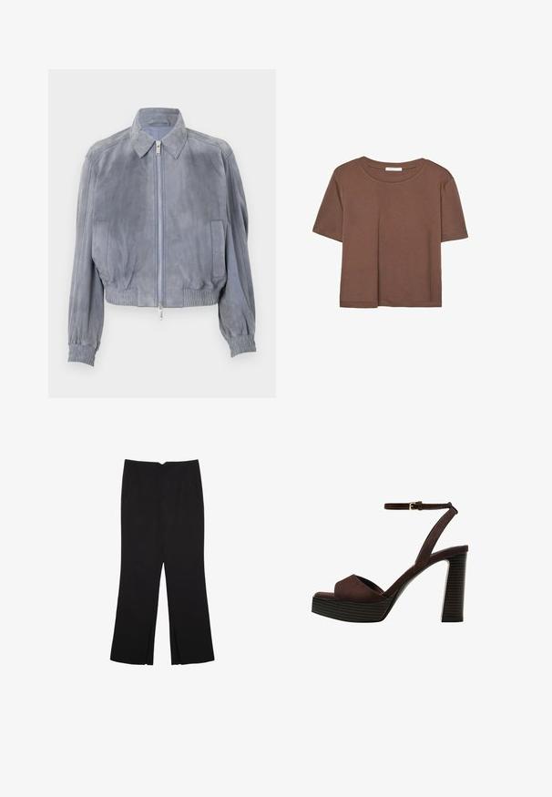 Blauwe suède cropped jack met een hemdkraag, ritssluiting aan de voorkant, elastische onderrand en geribbelde manchetten; minimalistisch ontwerp zonder zichtbare patronen.; Korte mouwen T-shirt in bruin, gemaakt van een zachte stof, met een ronde halslijn en een relaxte pasvorm. Geen zichtbare patronen of accenten.; Zwarte broek met een rechte pasvorm, voorzien van zijzakken en plooien aan de onderzijde. Gemaakt van zachte, gladde stof. Geschikt voor verschillende gelegenheden.; Bruine suède high-heeled sandaal met een open teen, verstelbare enkelband en een gestreepte plateauzool.