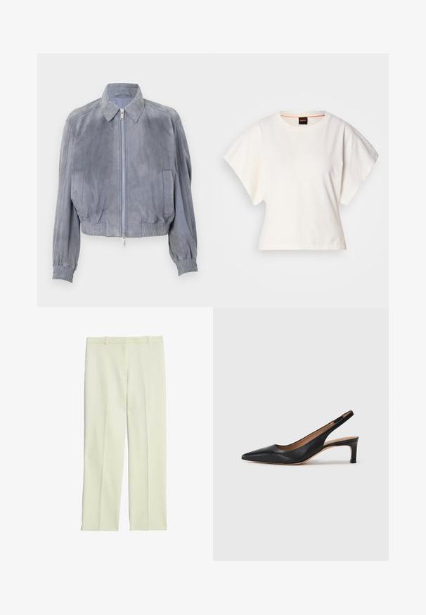 Blauwe suède cropped jack met een hemdkraag, ritssluiting aan de voorkant, elastische onderrand en geribbelde manchetten; minimalistisch ontwerp zonder zichtbare patronen.; Witte gecropte T-shirt, korte brede mouwen, zachte katoenmaterialen, ronde halslijn met subtiele oranje rand, minimalistisch ontwerp, geen patronen of graphics.; Crème-kleurige op maat gemaakte broek met een recht model, met een platte voorkant, riemlussen en een soepele textuur.; Zwarte leren slingback pump met een puntige neus, lage hak en een gladde textuur. Beschikt over een dunne verstelbare band voor een veilige pasvorm.