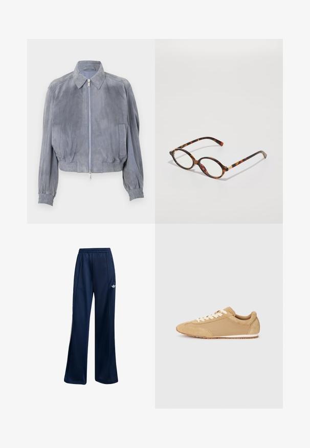 Blauwe suède cropped jack met een hemdkraag, ritssluiting aan de voorkant, elastische onderrand en geribbelde manchetten; minimalistisch ontwerp zonder zichtbare patronen.; Effen witte T-shirt met korte mouwen en een ronde hals, met een slim fit, vlak weergegeven tegen een witte achtergrond.; Marineblauwe sportbroeken van gladde stof, met een elastische tailleband en witte logodetails op de linkerheup. Recht model.; Lichtbruine sneaker van suède en stof, met een ronde neus, witte veters en een rubberen zool met een gestructureerde afwerking.; schildpadbril met ovale monturen, heldere lenzen en gouden accenten. Bevat gebogen pootjes en een gladde, glanzende afwerking.; Geweven beige leren tas met een enkele schouderband, met een rechthoekige vorm en een gestructureerd oppervlak. Verstelbaar bandbeslag inbegrepen.