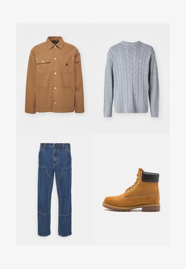 Hnědá bunda vyrobená z husté tkaniny, s límcem, dvěma předními kapsami s klopami a knoflíky v zlatém odstínu. Obsahuje logo nášivku na prsou.; Světle modrý pletený svetr s cablovým vzorem, dlouhými rukávy a kulatým výstřihem. Žebrované manžety a lem dodávají texturu a strukturu.; Světle růžová košile na knoflíky s dvěma náprsními kapsami a logem. Vyrobena z bavlny s klasickým límečkem a dlouhými rukávy.; Modré džíny z denimu s rovnými nohavicemi, předními náprsními kapsami a kontrastními stehy. Tkanina má klasickou texturu a povrchovou úpravu.; Hnědé semišové kotníkové boty s černým polstrovaným límcem, zlatými kovovými očky, bílým prošíváním a odolnou gumovou podrážkou s výraznými drážkami.
