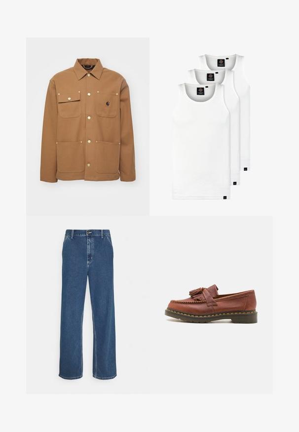 Veste marron en tissu épais, avec un col, deux poches avant avec des rabats et des boutons dorés. Comprend une patte de logo sur la poitrine.; Trois débardeurs blancs côtelés en coton. Présentent un col rond et de petites étiquettes noires près de l'ourlet. Disponibles en plusieurs tailles.; Jean en denim bleu avec une coupe droite, un design à cinq poches, fermeture à bouton métallique et coutures visibles le long des coutures et de l'ourlet.; Mocassin en cuir marron avec des accents de franges, surface texturée et coutures jaunes contrastantes le long de la semelle en caoutchouc noir. Vue de côté.