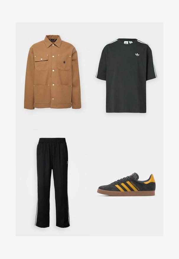 Hnedá bunda vyrobená z hrubej látky, s golierom, dvoma prednými vreckami so klopami a gombíkmi v zlatej farbe. Obsahuje nášivku s logom na hrudi.; Čierne bavlnené tričko s krátkymi rukávmi, okrúhlym výstrihom a bielymi tromi pruhmi na ramenách. Na hrudi je malý biely logo.; Čierne športové nohavice s elastickým pásom, s bielymi bočnými prúžkami a malým logom. Materiál vyzerá byť mäkký a ľahký.; Čierne semišové tenisky so žltými akcentmi, ktoré majú tri pruhy a hnedú gumovú podrážku. Obsahujú vypolstrovaný jazyk pre pohodlie.