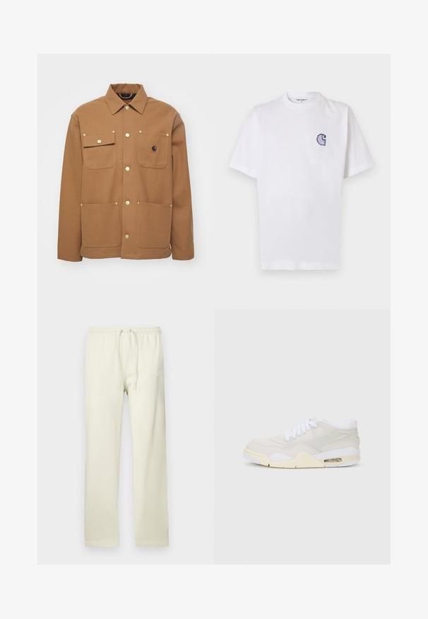 Hnedá bunda vyrobená z hrubej látky, s golierom, dvoma prednými vreckami so klopami a gombíkmi v zlatej farbe. Obsahuje nášivku s logom na hrudi.; Biele bavlnené tričko s krátkymi rukávmi, okrúhlym výstrihom a malým vyšivaným modrým logom "C" na ľavej strane hrudníka.; Svetlo béžové tepláky so šnúrkou v páse, vyrobené z mäkkého materiálu. Na ľavom stehne je jemné biele logo Nike.; Tenisky s svetlo béžovým syntetickým zvrškom, bielymi šnúrkami a viditeľným tlmením. Majú hladkú podrážku a jemné bočné akcenty.