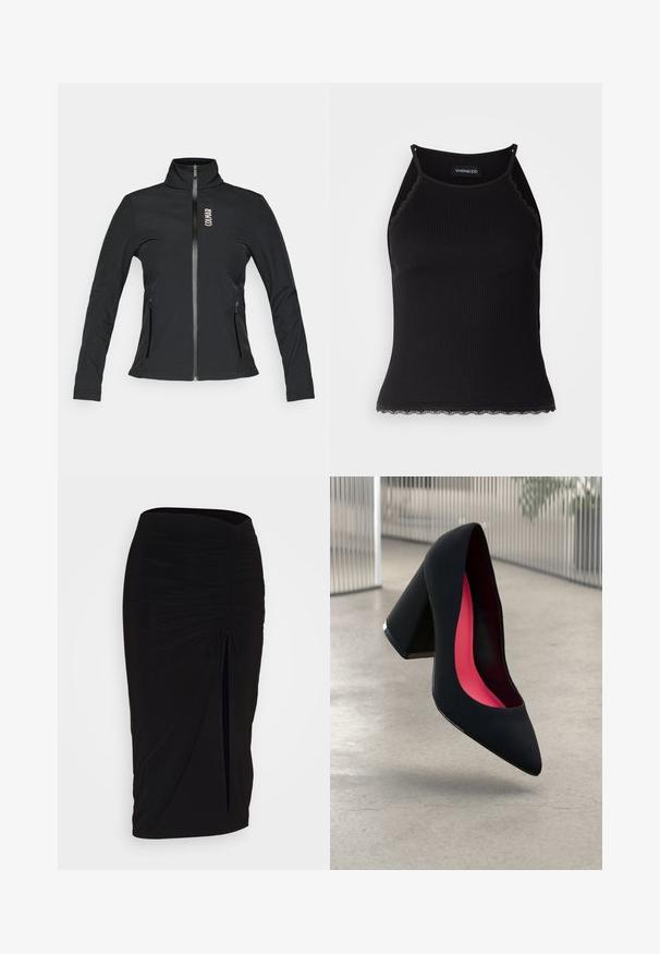 Černá zipová bunda s vysokým límcem, dlouhými rukávy, dvěma bočními kapsami na zip a logem na levé hrudi. Vyrobena z hladkého materiálu.; Černý žebrovaný top na ramínka s krajkovým lemem na spodním okraji. Obsahuje tenké ramínka a přiléhavý střih. Vyrobeno z elastické látky.; Černá, řasená tužková sukně s detailem na zavazování a bočním rozparkem. Vyrobena z elastického materiálu s hladkou texturou a přiléhavým střihem.; Černá vysoká podpatková bota s špičatou špičkou, texturovaným povrchem a živým růžovým interiérem. Obsahuje masivní podpatek se stříbrným akcentem.