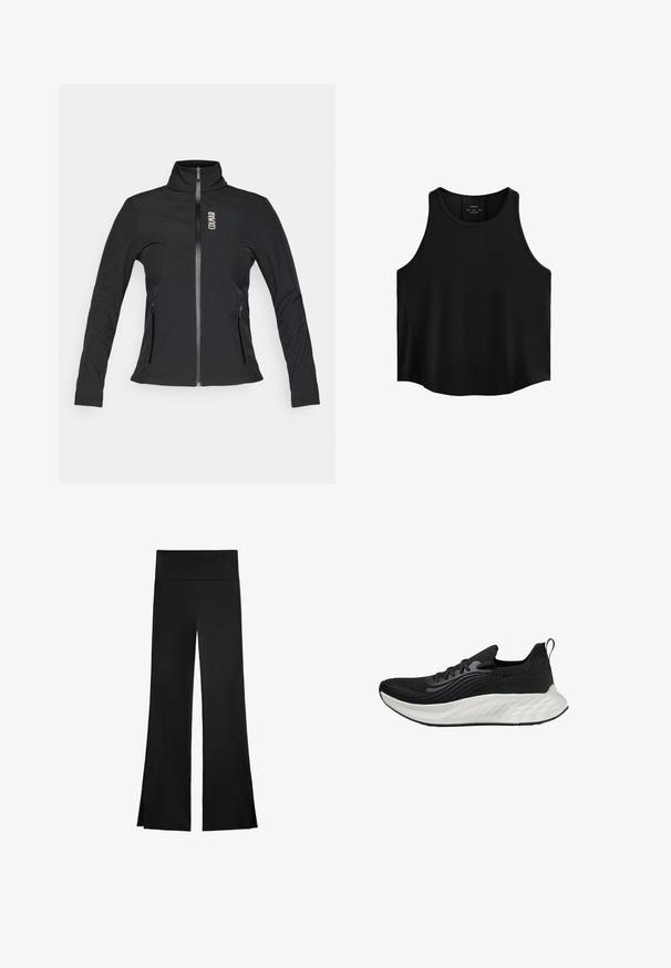 Čierna bundy na zips s vysokým golierom, dlhými rukávmi, dvoma bočnými vreckami na zips a logom na ľavej hrudi. Vyrobená z hladkého materiálu.; Čierny bezrukávový top vyrobený z hladkej látky, s okrúhlym výstrihom, priamym strihom a bočnými panelmi s jemnou textúrou.; Čierne nohavice so širokým strihom, s vysokým pásom a bočnými rozparkami pre ľahký pohyb. Vyrobené z hladkého, elastického materiálu.; Čierna športová obuv s textúrovaným zvrškom, bielou polstrovanou podrážkou a nenápadným brandingom. Obsahuje pútko a šnurovanie.