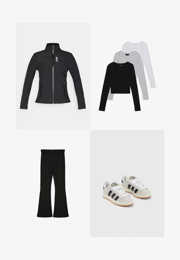 Mustat vetoketjulahkeiset takki korkealla kauluksella, pitkähihaisilla hihoilla, kahdella vetoketjullisella sivutaskulla ja logolla vasemmassa rinnassa. Valmistettu sileästä materiaalista.; Kolme pitkähihasta paita päällekkäin: musta, harmaa ja valkoinen. Jokaisessa on pyöreä pääntie ja lyhennetty muotoilu, jossa on sileä ja kevyt kangas.; Mustat leveät legginsit, jotka on valmistettu joustavasta kankaasta. Niissä on leveä vyötärö ja sileä pinta, sekä vartalonmyötäinen leikkaus, joka levenee helmassa.; Harmaat mokkasiinikenkä, joissa on valkoiset nauhat, mustat raidat ja valkoinen kumipohja. Kantajassa on pyöreä logo ja vaaleanruskea pohja.