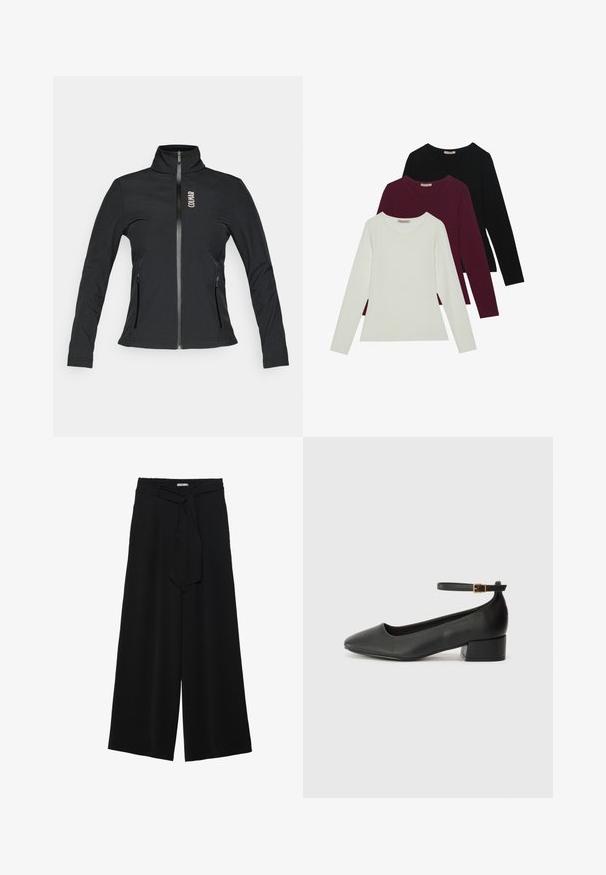 Čierna bundy na zips s vysokým golierom, dlhými rukávmi, dvoma bočnými vreckami na zips a logom na ľavej hrudi. Vyrobená z hladkého materiálu.; Dlhé rukávy tričká v bielej, burgundskej a čiernej farbe. Vyrobené z jemného materiálu s okrúhlym výstrihom a priliehavým strihom. Vhodné na vrstvenie.; Čierne široké nohavice s textúrovanou tkaninou, elastickým pásom a odnímateľným viazaním na páse pre nastaviteľné priliehanie.; Čierne kožené lodičky s špicatou špičkou a nízkym blokovým podpätkom. Obsahuje remienok okolo členka so zlatým prackou. Hladký povrch.