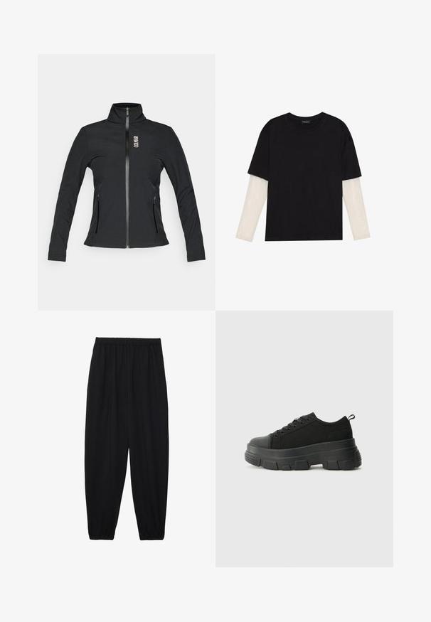 Jachetă neagră cu fermoar, cu guler înalt, mâneci lungi, două buzunare laterale cu fermoar și un logo pe pieptul stâng. Fabricată dintr-un material neted.; Tricou negru din bumbac, cu mâneci scurte, peste un strat alb cu mâneci lungi, având un model texturat subtil. Design cu guler rotund.; Pantaloni negri, ușori, cu un brâu elastic și tivuri strânse. Materialul este neted și are un design relaxat, conic.; Adidași negri cu talpă groasă din cauciuc, superior din material texturat, bot rotund și design cu șireturi. Include gauri întărite pentru șireturi și o buclă pe spate.