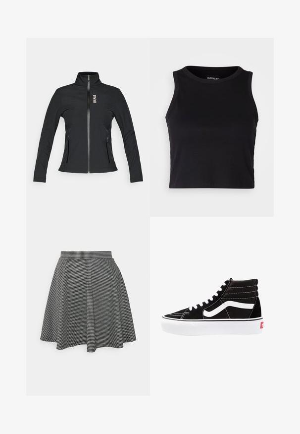 Juodas zip-up švarkas su aukštu apykakle, ilgomis rankovėmis, dviem užtrauktukais užsegamomis šoninėmis kišenėmis ir logotipu kairiajame krūtinės pusėje. Pagamintas iš lygaus audinio.; Juodas kanalų rašto trumpas topas su apvaliu iškirpimu ir be rankovių dizainu. Pagaminta iš minkštos, elastingos medžiagos, kurios kraštai tvarkingai apdirbti.; Juodos ir baltos laukų rašto šokių sijonas su prigludusia juosmens dalimi ir platėjančiu apačiu, pagamintas iš tekstūruoto audinio, kuriame pateiktas klasikinis raštas.; Juodi aukšti sportbačiai su baltais raišteliais, baltu logotipu ir kontrastinga balta siuvinėta. Turi storą baltą padas ir tekstūruotą zomšos viršutinę dalį.