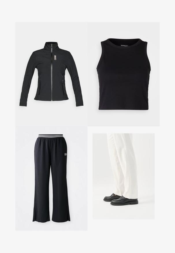Must nagu tõmblukuga jope kõrge kraega, pikkade varrukatega, kahe tõmblukuga küljetaskuga ja logo vasakul rinnal. Valmistatud siledast materjalist.; Mustard ribaga lõhikuga crop top, millel on ümar kaelus ja ilma varrukateta disain. Valmistatud pehmest ja venivast kangast, millel on puhtad äärised.; Mustad sportpüksid laia sääre disainiga, elastse vöökoha, kus on mustad ja valged triibud, ning külgslõikega all ääres.; Mustad musta nahast loafers, millel on sile tekstuur, õmblustäiendused ja ümar nina, koos valgete kohandatud pükstega.