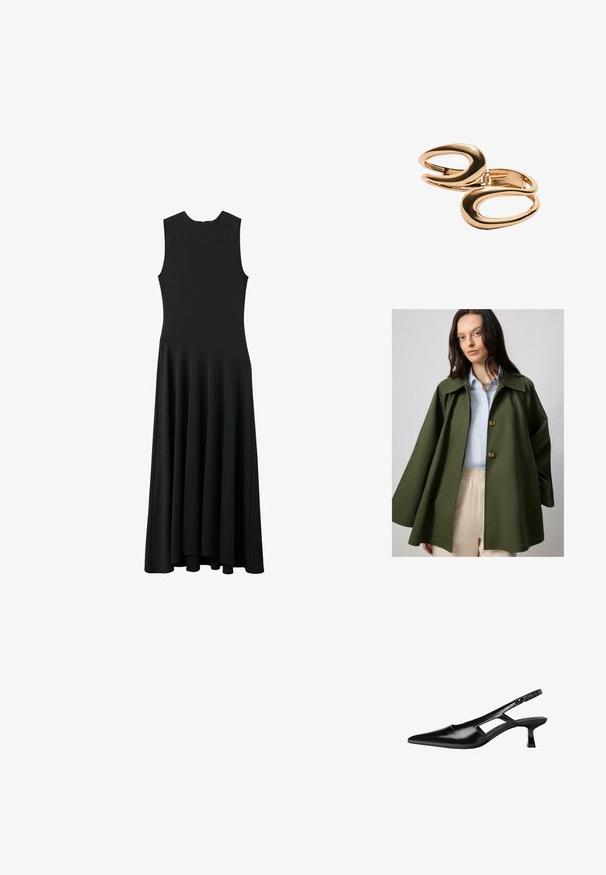 Vihreäoliivinvärinen, ylisuurikokoinen takki, jossa on leveä kaulus ja kaksi suurta nappia, yhdistettynä vaaleansinisellä paidalla. Kevyt kangas, sileä tekstuuri.; Musta hihaton maxi-mekko, jossa on tiukka yläosa ja levenevä helma. Mekossa on sileä pinta ja minimalistinen muotoilu ilman näkyviä kiinnityksiä.; Mustat lakatut nahkakengät, joissa on viistopää, leikattu sivusuunnassa ja pieni neliökoroke. Sujuva pinta, jossa on minimaalinen koristelu.; Korvar i guldtonad metall med en sammanlänkad abstrakt oval design, polerad yta och öppna utskärningar.