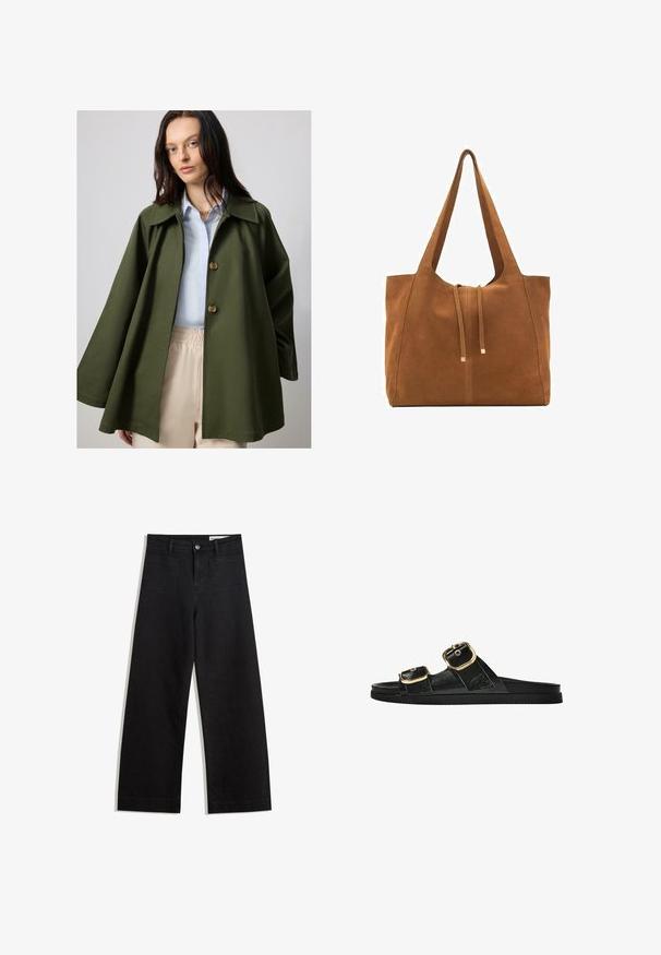 Olivově zelená, oversize bunda s širokým límcem a dvěma velkými knoflíky, kombinovaná se světle modrou košilí. Lehce materiál, hladká textura.; Měkký béžový svetr s dlouhým rukávem a kulatým výstřihem, ribovanými manžetami, lemem a výstřihem, vyložený na bílém pozadí.; Černé denimové kalhoty s volným střihem a vysokým pasem, vybavené předními a zadními kapsami, prošívanými švy a knoflíkovým zapínáním. Hladká textura.; Černé kluzné sandály s dvěma zlatými sponami, hladkým texturovaným materiálem, plochou podrážkou a minimalistickým designem.; Hnědá semišová taška s dvěma dlouhými popruhy, stahovací šňůrkou a minimalistickým designem. Hladký povrch a žádné viditelné kovové akcenty.