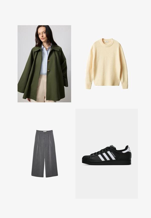 Olivově zelená, oversize bunda s širokým límcem a dvěma velkými knoflíky, kombinovaná se světle modrou košilí. Lehce materiál, hladká textura.; Krémový pletený svetr s kulatým výstřihem, žebrovanými manžetami a lemem. Měkká textura s mírně volným střihem, s jednoduchým a čistým designem.; Přehnuté kalhoty s širokými nohavicemi v tmavě šedé tkanině s jemnou texturou. Obsahují zapínání na knoflík a klasický design pasu.; Černé tenisky Adidas Superstar se bílými pruhy, špičkou ve tvaru skořápky a textem "Superstar" na boku, zobrazené v bočním profilu na bílém pozadí.