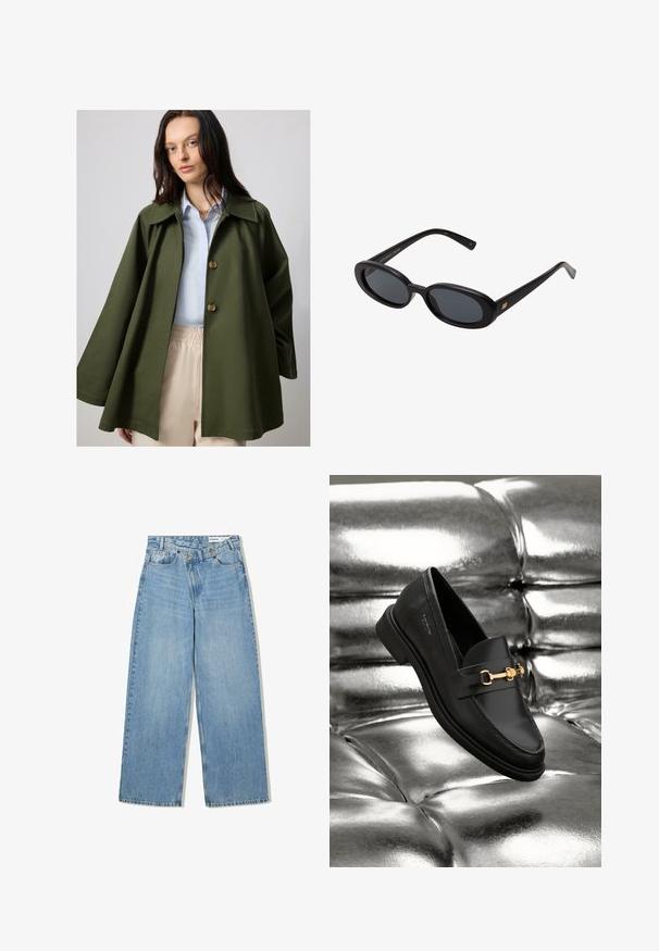 Olivengrøn, oversized jakke med en bred krave og to store knapper, parret med en lys blå skjorte. Letvægtsstof, glat tekstur.; Hvid bomuld t-shirt med korte ærmer, rund hals og en glat tekstur. Bagsiden er ensfarvet uden ekstra mønstre eller designs.; Lyseblå vide denimjeans med høj talje, fem lommer, knaplukning og diskret falmning for tekstur.; Sorte læder loafers med en guldfarvet hardware detalje. Skoen har et elegant design og en glat, skinnende overflade.; Store store