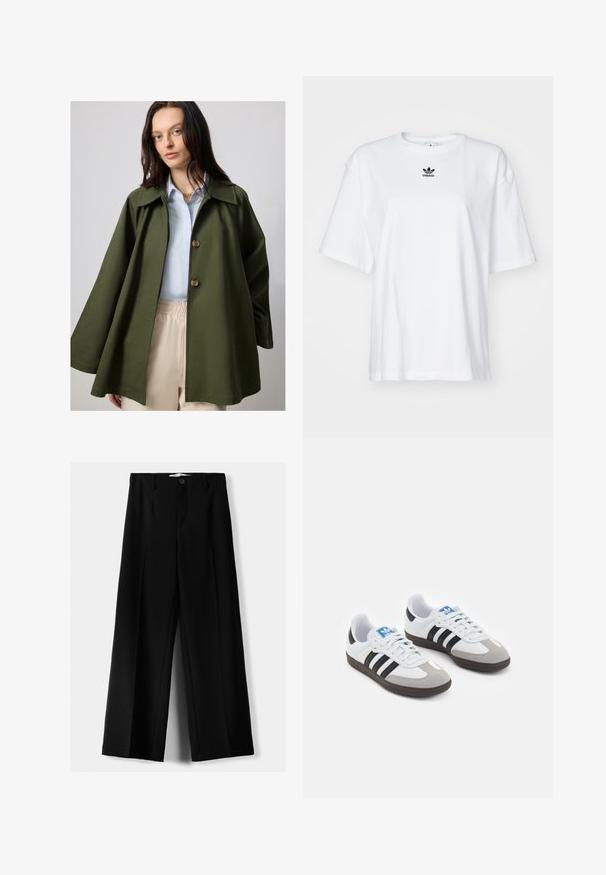 Giacca oversized verde oliva con ampio colletto e due grandi bottoni, abbinata a una camicia azzurro chiaro. Tessuto leggero, texture liscia.; T-shirt bianco a maniche corte in cotone. Presenta un collo rotondo e un piccolo logo Adidas nero sul petto. Orlo dritto.; Pantaloni neri a gamba larga realizzati in tessuto leggero, caratterizzati da una chiusura frontale con bottone e frontale piatto, con orli cuciti con precisione.; Scarpe sportive con tomaia in pelle bianca, punta in suede grigia e tre strisce nere. Presentano un logo blu sulla linguetta e una suola in gomma testurizzata.