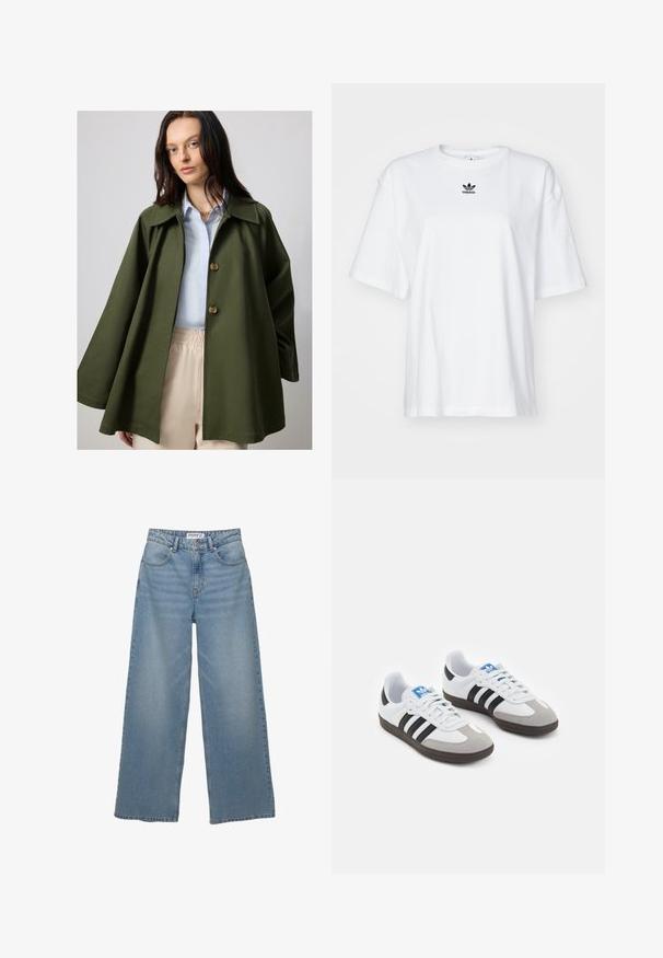 Olivovo-zelená, nadmerná bunda s širokým golierom a dvoma veľkými gombíkmi, skombinovaná so svetlomodrou košeľou. Ľahký materiál, hladká textúra.; Biele tričko s krátkym rukávom vyrobené z bavlny. Má okrúhly výstrih a malé čierne logo Adidas na hrudi. Priamy strih spodného lemu.; Svetlo modré široké džínsy vyrobené z denimu. Majú vysoký pás, päť vreciek a rovný strih s minimálnym vyblednutím.; Športové topánky s bielym koženým zvrškom, šedou semišovou špičkou a tromi čiernymi pruhmi. Obsahujú modré logo na jazyku a štruktúrovanú gumovú podrážku.