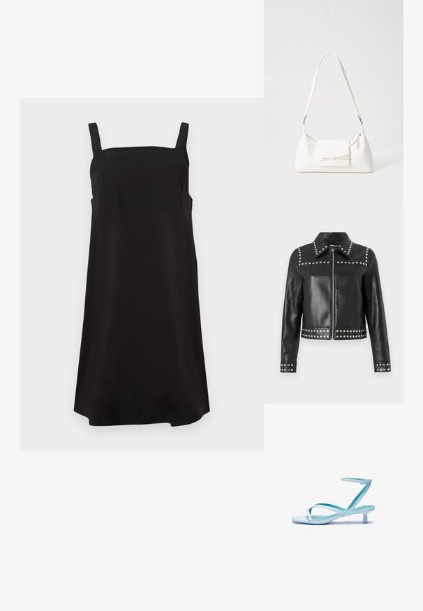 Chaqueta de cuero negra con tachuelas plateadas en los hombros, puños y dobladillo, con cierre de cremallera y diseño de cuello clásico.; Vestido negro sin mangas con escote cuadrado, hecho de una tela suave, que presenta un corte suelto y recto. Sin patrones ni herrajes visibles.; Sandalia de tiras en azul claro con punta cuadrada, tacón bajo, correa de tobillo ajustable y acabado suave y brillante. Tiras cruzadas en la plantilla.; Bolso sintético blanco con forma triangular, tapa frontal plana y detalle de lazo, correa ajustable, textura suave y diseño minimalista.
