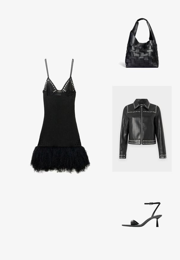 Černá kožená bunda se stříbrnými cvočky na ramenou, manžetách a lemu, se zipem a klasickým designem límce.; Černé šaty s přiléhavým pleteným vrškem s tenkými ramínky, krajkovým lemem a stupňovitým černým kožešinovým lemem pro zvýraznění textury a detailu.; Bershka Sandály na vysokém podpatku - black; Černá kožená tkaná taška s uvolněným tvarem a širokým ramenním popruhem. Má texturovaný, propletený design s hladkým povrchem.