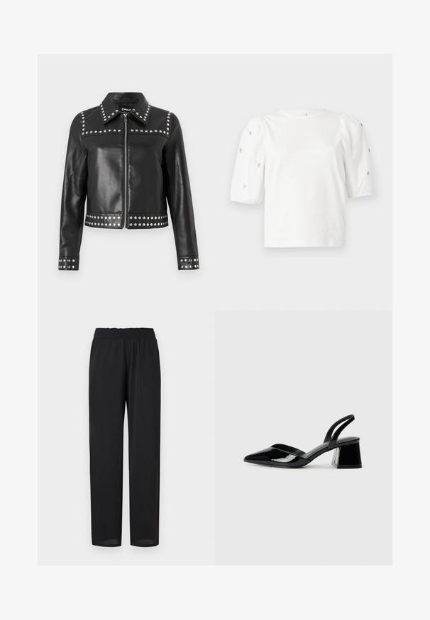 Jaqueta de couro preta com studs prateados nos ombros, punhos e barra, fechamento em zíper e design de gola clássica.; T-shirt branca de algodão com mangas puff curtas, apresentando pequenos embellissements prateados ao longo das mangas. Decote redondo clássico, corte descontraído.; Calças pretas, leves, com um corte descontraído, apresentando uma cintura elástica e uma textura suave. As pernas retas afunilam ligeiramente na bainha.; Sandy em verniz preto com salto slingback, ponta afilada e salto geométrico. Apresenta um design elegante e minimalista com textura suave.