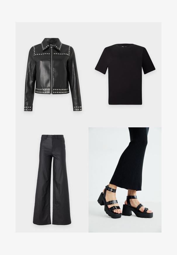 Veste en cuir noire avec des rivets en argent le long des épaules, des poignets et de l'ourlet, fermée par un zip et avec un design de col classique.; T-shirt noir à manches courtes avec un col rond, fabriqué en coton doux. Design simple, sans logos ni motifs visibles.; Pantalons larges noirs en simili cuir. Dotés d'une taille haute, de passants de ceinture, de deux poches avant et de détails cousus.; Sandales à plateforme noires avec semelles épaisses et crantées, dotées de plusieurs sangles, présentant des boucles en métal et une texture lisse semblable au cuir.