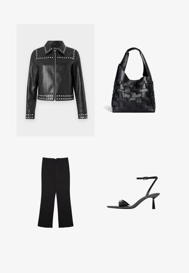 Čierna kožená bunda so striebornými nitmi pozdĺž ramien, manžiet a dolného okraja, so zipsom a klasickým golierom.; Čierne tričko s krátkym rukávom vyrobené z jemného materiálu. Má klasický okrúhly výstrih a voľný strih. Bez vzorov alebo akcentov.; Čierne nohavice so strihom rovného strihu, s prednými vreckami a bočnými rozparkami na leme. Vyrobené z mäkkej, hladkej tkaniny. Vhodné na rôzne príležitosti.; Bershka Sandále na vysokom opätku - black; Čierna kožená tkaná taška s voľným tvarom a širokým ramenným popruhom. Disponuje textúrovaným, prepleteným dizajnom s hladkým povrchom.