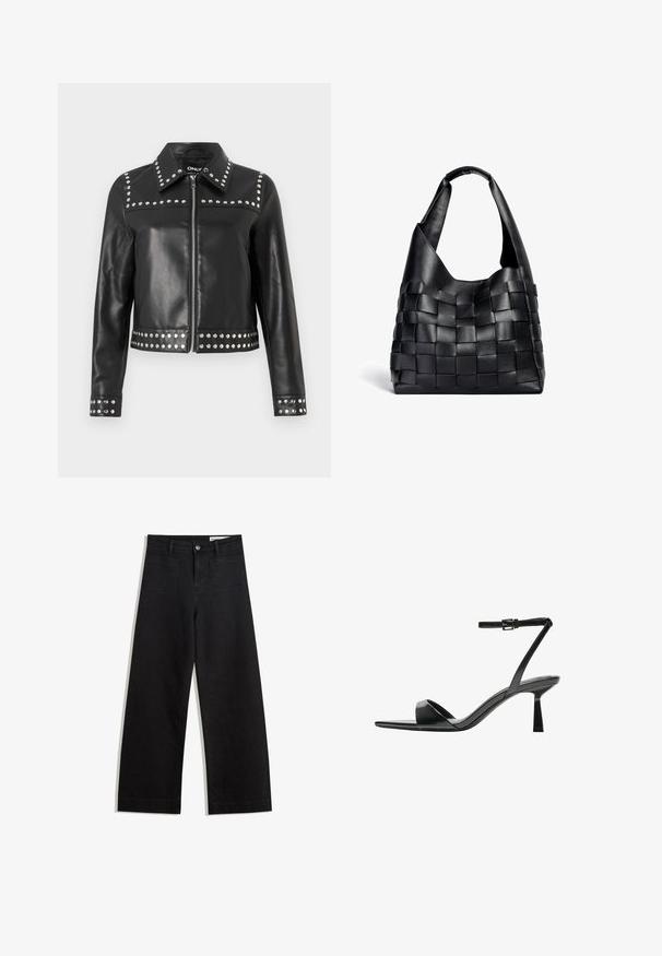 Giubbotto di pelle nera con borchie argentate lungo le spalle, i polsini e l'orlo, con chiusura a zip e design del colletto classico.; T-shirt nero a maniche corte realizzato in tessuto morbido. Presenta un classico collo rotondo e una vestibilità rilassata. Nessun motivo o accento visibile.; Pantaloni in denim neri a gamba larga con vita alta, dotati di tasche anteriori e posteriori, cuciture a punto, e chiusura con bottone. Texture liscia.; Bershka Sandali con tacco - black; Borsa a spalla in pelle nera intrecciata con una forma morbida e ampio manico. Caratterizzata da un design testurizzato e intrecciato con una finitura liscia.