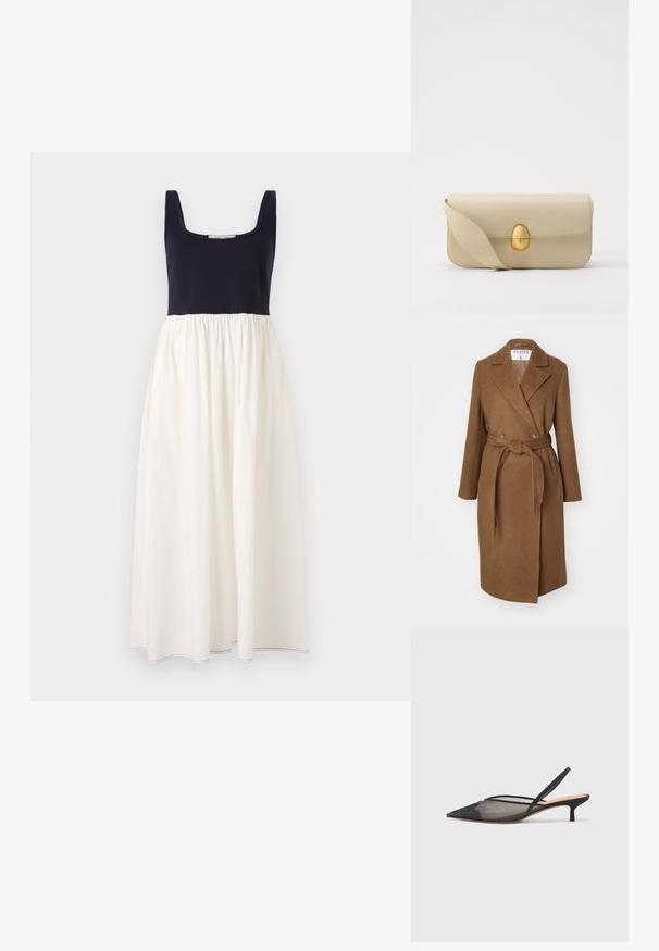 Barna gyapjúkeverék kabát, dupla gombolású dizájnnal, széles hajtókákkal, övvel a deréknál és két oldalsó zsebbel. Sima felület és testre szabott fazon.; Sötétkék ujjatlan ruha négyzet alakú nyakkivágással, fehér, redőzött szoknyával. Könnyű anyagból készült, a szegésen látható varrással.; NEOUS IRENA - Klasszikus sarkú cipők - black; Beige bőrtáska sima textúrával, téglalap alakban, arany ovális zárral. Hosszú, állítható pánttal rendelkezik.