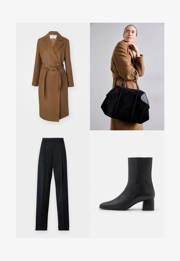 Manteau en mélange de laine marron avec un design croisé, large revers, ceinture à la taille et deux poches latérales. Texture lisse et coupe ajustée.; Pull à col roulé noir à manches longues avec des poignets et un ourlet côtelés, présenté sur un fond blanc uni.; Pantalon noir en tissu lisse avec taille haute, jambes larges, plis à l'avant et passants de ceinture classiques. Pas de poches latérales visibles.; Bottine en cuir noir avec un bout pointu et un talon carré épais. Texture lisse avec un design sans coutures et descoutures minimalistes.; Sac en cuir suédine noir avec des accents en cuir, de forme structurée, et deux poignées robustes, porté par une silhouette dans un manteau marron.