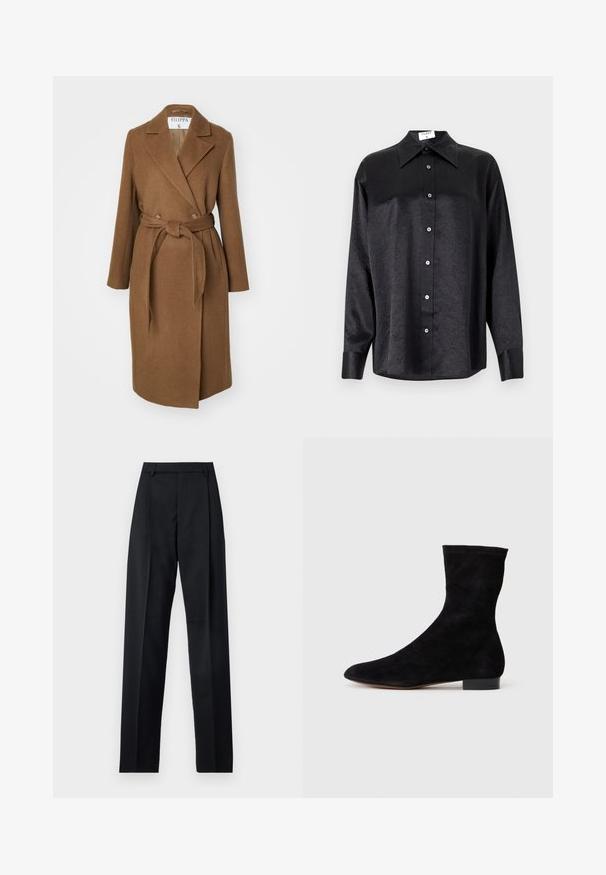 Bruine wolblend jas met een dubbele rij knopen, brede revers, riem in de taille en twee zijzakken. Glad textuur en getailleerde pasvorm.; Zwarte blouse met lange mouwen en een kraag, voorzien van een gekreukt oppervlak, volwaardige knopen aan de voorkant en manchetten. Gemaakt van een gladde stof.; Zwarte broek gemaakt van gladde stof met een hoge taille, wijde benen, voorplooien en klassieke ceintuurlussen. Geen zijzakken zichtbaar.; Zwarte suède enkelboot met een aansluitende schacht, puntige neus en een lage blokhak. Gladde textuur en minimalistisch ontwerp, geschikt voor veelzijdige styling.