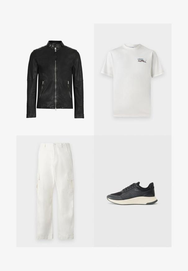 Zwarte leren jas met hoge kraag, voorzijde met rits, en twee ritszakken, met een gladde textuur en een slim fit ontwerp.; Witte katoenen T-shirt met een ronde hals, korte mouwen en een klein geborduurd logo met bergen en tekst op de linkerborst.; Witte cargobroek van katoen, met een rechte pijp ontwerp, twee zijzakken en twee cargozakken op de dijen.; Zwarte sport sneaker met een mesh bovenkant met perforaties, een gestructureerde tussenzool in roomkleur en een rubberen buitenzool voor grip.