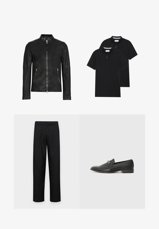 Black leather jacket with a high collar, front zip closure, and two zippered pockets, featuring a smooth texture and fitted design.; Two black polo shirts, short-sleeved, cotton material, featuring a classic collar, two-button placket, and white striped accents inside the collar.; Black trousers made of smooth fabric, featuring a straight-leg design, two front pleats, and standard waistband with belt loops.; Black leather loafer with a smooth finish, featuring a stitched design and a decorative metal chain accent across the vamp. Flat heel.