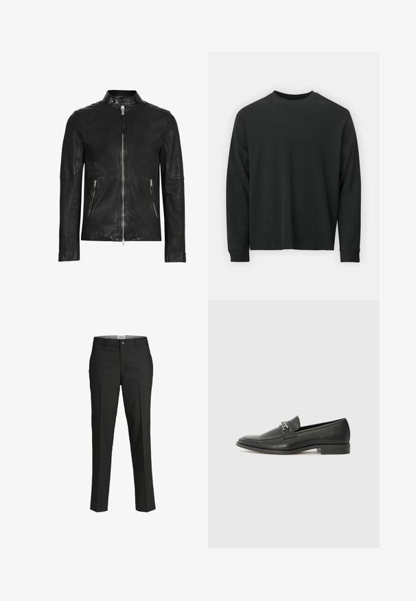 Černá kožená bunda s vysokým límcem, předním zapínáním na zip a dvěma kapsami na zip, vyznačující se hladkou texturou a přiléhavým střihem.; Černé tričko s dlouhými rukávy vyrobené z bavlny, s kulatým výstřihem, volným střihem a žebrovanými manžetami. Hladká textura bez viditelných vzorů.; Černé kalhoty, s přiléhavým střihem, hladká tkanina, střední pas, přední zapínání na knoflík, šikmé kapsy a záhyby podél nohavic.; Černé kožené mokasíny s hladkým povrchem, s prošívaným designem a dekoračním kovovým řetízkem přes nárt. Plochý podpatek.