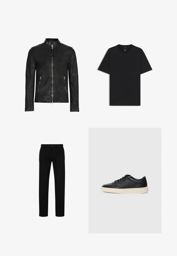 Black leather jacket with a high collar, front zip closure, and two zippered pockets, featuring a smooth texture and fitted design.; Black short-sleeve T-shirt made from a smooth cotton blend, featuring a crew neckline and a minimalistic design with no patterns or accents.; Black cotton trousers with a straight fit, featuring a button closure, belt loops, and minimalistic design. Smooth texture, no patterns.; Black low-top leather sneaker with black laces and off-white sole shown in side profile on white background.