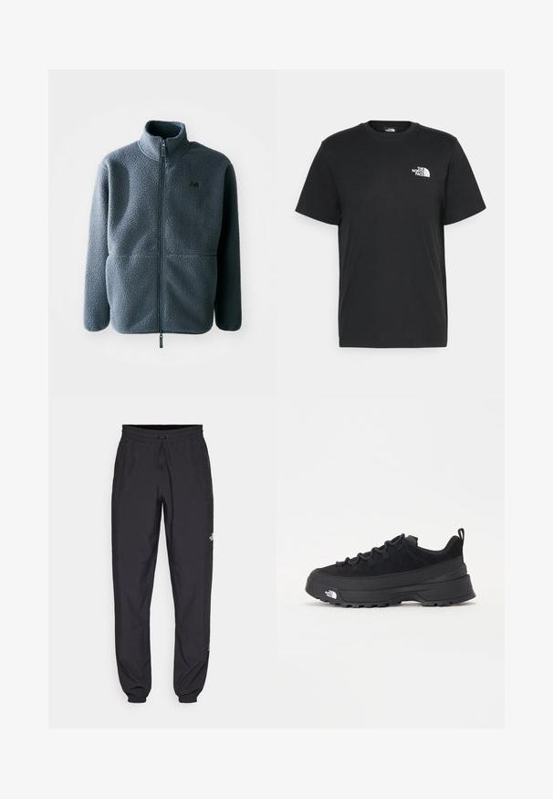 Casaco de fleece cinza com colarinho alto, fecho à frente e dois bolsos laterais. Apresenta um tecido texturizado e um pequeno logo no peito.; T-shirt de algodão preto com mangas curtas, decote redondo e um pequeno logótipo branco no lado esquerdo do peito. Design simples, textura suave e corte relaxado.; Calças atléticas pretas feitas de tecido leve, com um cós ajustável por cordão, bolsos laterais e punhos afunilados nos tornozelos.; Sapatilha de exterior preta com parte superior em camurça, sola de borracha texturizada e sistema de atacadores robusto. Apresenta um calcanhar reforçado e o logótipo da marca na lateral.