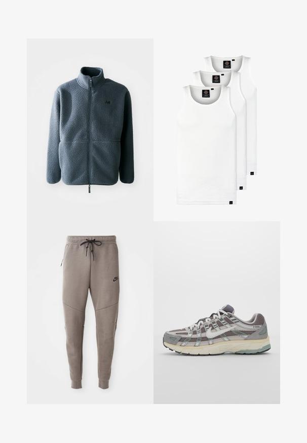 Hallhalline fliistjakie kõrge kaelusega, esifragmendi tõmblukuga ja kahe küljetaskuga. Omab tekstureeritud kangast ja väikest logo rinnal.; Kolm valget ribaga t-särki, mis on valmistatud puuvillast. Omavad ümmargust kaelanõhku ja väikseid musti silte hemme lähedal. Saadaval erinevates suurustes.; Hallide Nike dressipüksid, millel on nööriga vöökoht, kitsenevad sääred, küljetaskud ja eristuv õmbluse detail. Pehme, tekstureeritud kangas.; Hallus hallitus jalanõud, millel on võrgust ja sametist ülemine osa, valged rõhutused, pehme tald ning eristuv disain peegelduvate elementidega.