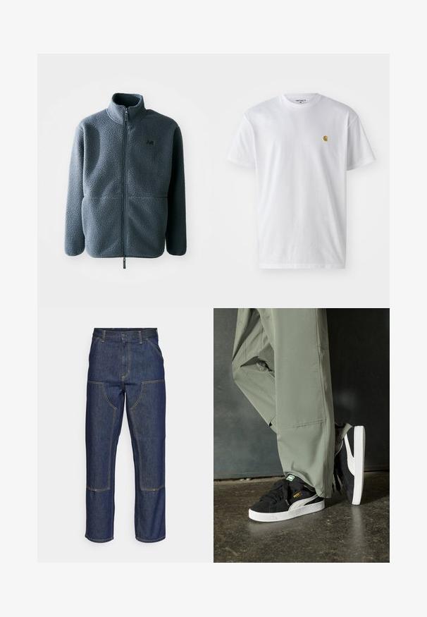 Grå fleecejakke med høy krage, frontglidelås og to sidelommer. Har et teksturert stoff og en liten logo på brystet.; Hvit bomull t-skjorte med korte ermer, rund hals, med en liten gulllogo på venstre brystområde. Myk tekstur og vanlig passform.; Mørkeblå denimjeans med høy midje, rette ben, kontrasterende sømmer og lommer på forsiden.; Sorte semskede sneakers med hvite gummisåler og sidestiper, sammen med lysegrønne cargo-bukser, står på en teksturert mørk overflate.