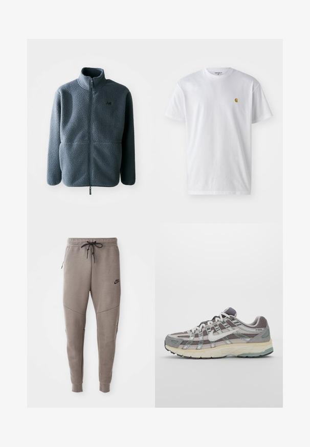 Szürke plüss dzseki magas gallérral, elülső cipzárral és két oldalsó zsebével. Texturált anyag jellemzi, és egy kis logó található a mellkason.; Fehér pamut póló rövid ujjakkal, kerek nyakkal, bal mellel egy kis arany logóval. Puha tapintású és normál fazonú.; Szürke Nike melegítőnadrág húzózsinórral a deréknál, keskeny lábakkal, oldalsó zsebekkel és jellegzetes varrás részletekkel. Puha, texturált anyag.; Szürke sportcipő, hálós és velúr felsőrésszel, fehér részletekkel, párnázott talppal és jellegzetes dizájnnal, amely visszaverő elemeket tartalmaz.