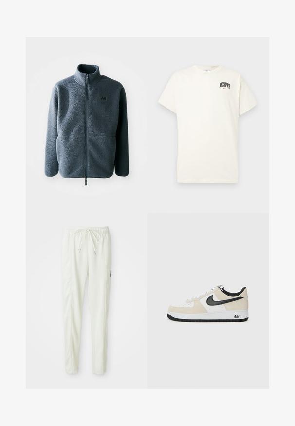 Harmaa fleecetakki korkealla kauluksella, etuvetoketjulla ja kahdella sivutaskulla. Materiaalissa on teksturoitu pinta ja pienoiskuvio rinnan kohdalla.; Kermanvärinen puuvillapaita lyhyillä hihoilla, jossa rintakehässä on musta- ja punateksti "NIKE SB". Standardi pyöreä kaula-aukko.; Valkoiset slim-fit-housut, joissa on joustava vyötärö ja vetoketju, sivusaumadetaljit ja pieni musta merkki oikeassa lahkeessa.; Juoksukengät, joissa on vaalea beige mokka- ja valkoiset nahkaketju, musta Nike-logoelementti, mustat yksityiskohdat ja valkoinen kumipohja, jossa on "AIR"-brändäys.