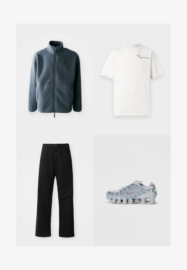 Harmaa fleecetakki korkealla kauluksella, etuvetoketjulla ja kahdella sivutaskulla. Materiaalissa on teksturoitu pinta ja pienoiskuvio rinnan kohdalla.; Valkoinen puuvillainen T-paita, jossa on lyhyet hihat, pyöreä pääntie ja rinnan kohdalla mustalla painettu teksti "Carhartt Work in Progress 1989".; Musta farkkushortsit suoran leikkauksen kanssa, joissa on etutaskut, vetoketjuläppä ja yksi yläpainike. Rakenteellinen kangas matta pinnalla.; Vaaleanharmaat Nike-juoksutossut, joissa on teksturoitu päällinen, verkkotyyppisiä yksityiskohtia ja ainutlaatuinen pehmustettu pohja, joka sisältää useita pyöreitä palloja.