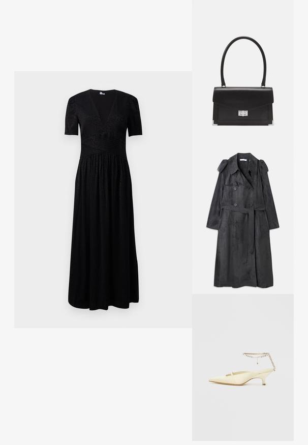 Pikk tumehall trench coat, mis on valmistatud pehmest sametitaolisest materjalist, kahekordsete nuppudega, õlavarre epaulettide ja sobiva vööga.; Mustra mustriga mustriga kleit sügava V-kaelusega, lühikeste varrukatega, tekstureeritud rinnaosa ja kokku volditud seelikuga. Valmistatud kergest kangast, millel on peened mustrid.; Kitsaaste kollane satiinist slingback king, millel on madal konts ja dekoratiivne kett pahkluu rihm, millel on rhinestone'id. Sile tekstuur, minimaalne disain.; Mustmust mustkott mustmustu kujundusega, ülemise käepidemega ja hõbedase sulgemisega. Omab nurkades aktsente ja sujuvat tekstuuri.