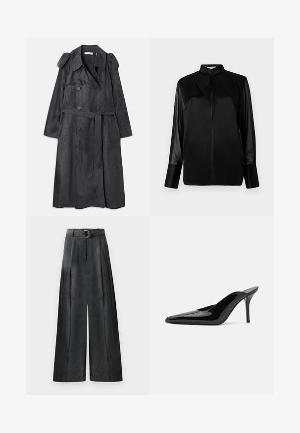 Long dark gray trench coat made of soft suede-like material with double breasted buttons, shoulder epaulettes, and a matching waist belt.; Black blouse with a stand-up collar, long sheer sleeves, bow tie detail at the neck, made of smooth satin fabric, front button closure.; Wide-leg trousers in dark gray, featuring a smooth texture, pleats, and a belt with a silver buckle at the high waist.; Black patent leather high-heeled mule with a pointed toe and a sleek silhouette, featuring an open back and a slender stiletto heel.