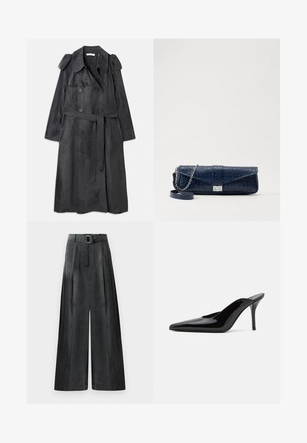 Dlhý tmavosivý trenčkot z mäkkého materiálu podobného zamatu, s dvojitými gombíkmi, epauletmi na pleciach a zodpovedajúcim opaskom v páse.; Čierna blúzka s stojatým golierom, dlhými priesvitnými rukávmi, detailom mašle na krku, vyrobená z hladkej saténovej tkaniny, s predným zapínaním na gombíky.; Široké nohavice tmavošedej farby, s hladkou textúrou, záhybmi a opaskom so striebornou sponou v oblasti vysokého pásu.; Čierne lakované kožené muly na vysokom opätku s špicatou špičkou a elegantným siluetou, ktoré majú otvorenú zadnú časť a štíhly opätok typu stiletto.; Tmavomodrá kožená kapsička s krokodílovou textúrou, strieborný reťazový popruh a kovová spona. Obdĺžnikový tvar so sklápacím dizajnom.