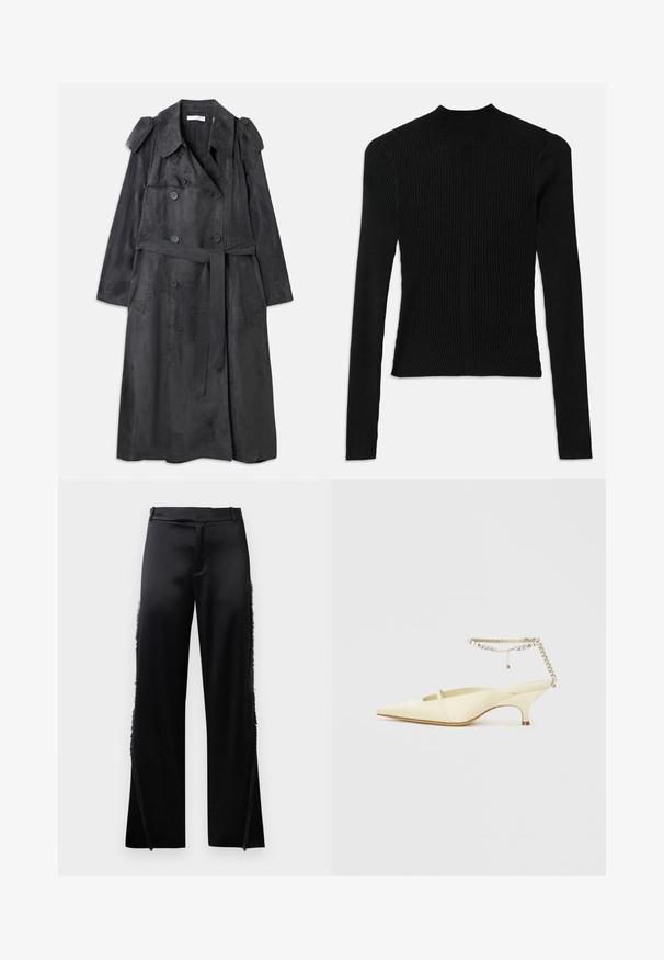Long dark gray trench coat made of soft suede-like material with double breasted buttons, shoulder epaulettes, and a matching waist belt.; Black ribbed long-sleeve top with a high neck and fitted silhouette, featuring vertical texture and seam detailing at the shoulders.; Black satin pants with wide legs, featuring fringe details along the side seams and a flat front waistband. Plain back without pockets.; Pointed-toe yellow satin slingback shoe with a low heel and a decorative chain ankle strap featuring rhinestones. Smooth texture, minimal design.